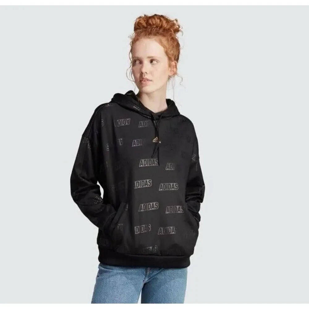 Adidas Women's Embossed Monogram Fleece Hoodie, Black/Gold Metallic Size Small